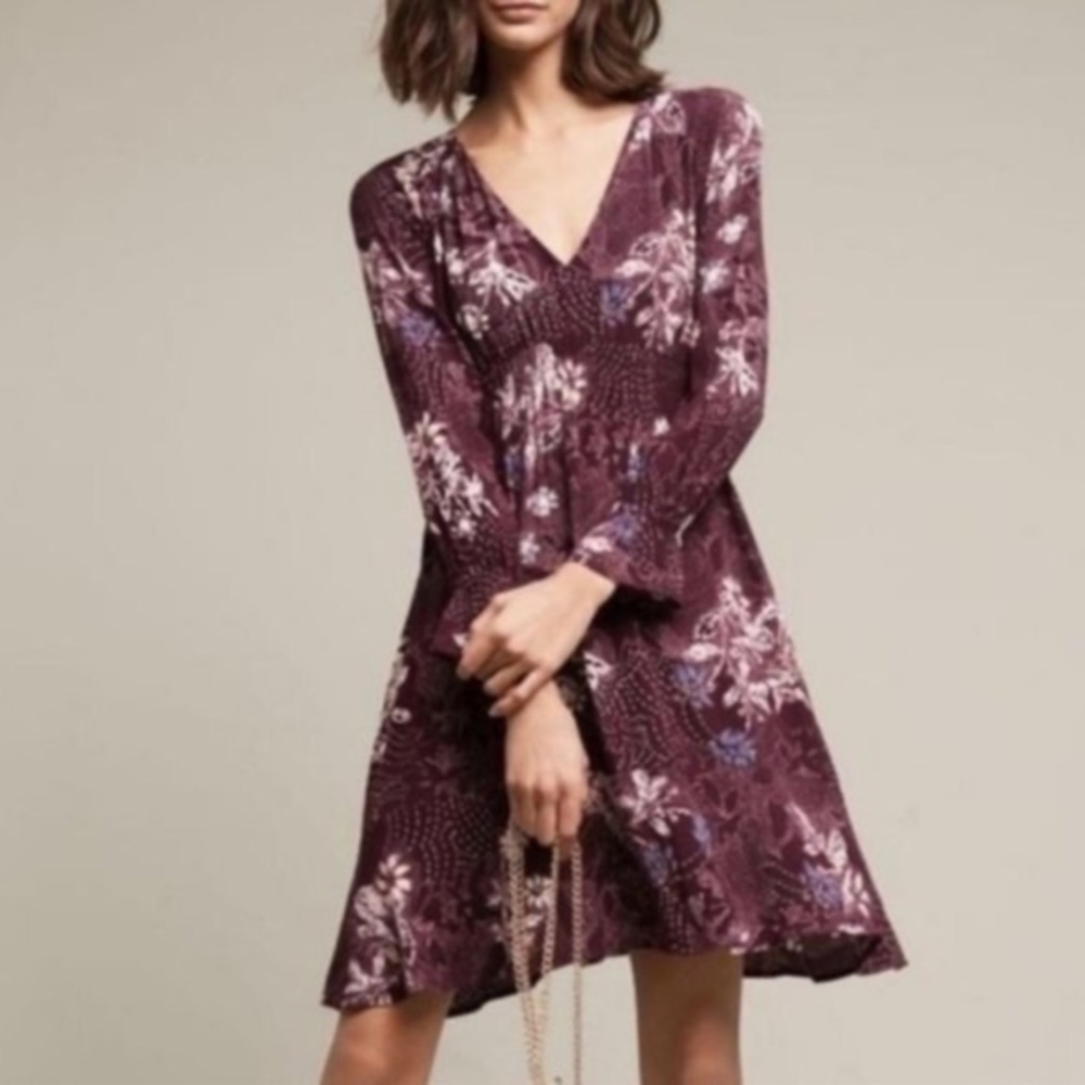 Anthropologie Maeve Floral Long Sleeve MIDI Burgundy Dress